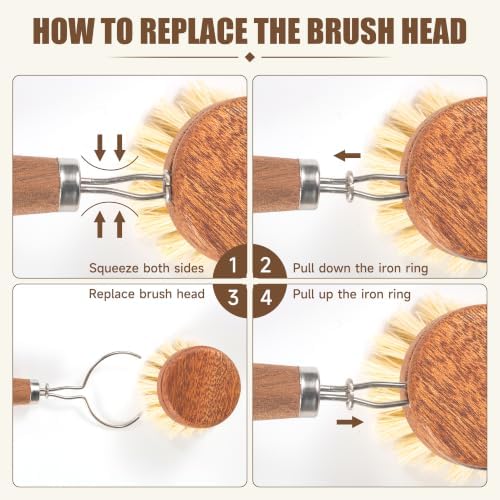 SAMEBUTECO Wood Dish Brush with Long Handle, Natural Sisal Kitchen Scrub Brushes for Fruit & Vegetable,Dishes, Pots and Pans, Includes 1 Scrubber and 2 Replacement Heads, Kraft Box, Brown - Image 6