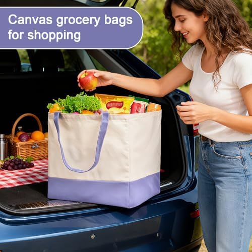 Reusable Grocery Bags Heavy Duty, 8.3 gal Foldable Large Canvas Tote Bag with Handles, Holds 60 lbs Canvas Shopping Bags, 1 Pack（Off White+Light purple） - Image 2