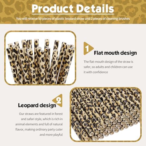 Zopeal 25 Pcs Reusable Leopard Straws with Cleaning Brushes, Light Yellow - Image 4