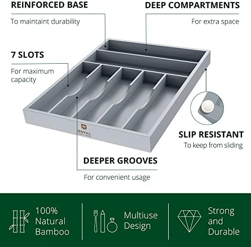 ROYAL CRAFT WOOD Luxury Bamboo Kitchen Drawer Organizer - Silverware Organizer - Utensil Holder and Cutlery Tray with Grooved Drawer Dividers for Flatware and Kitchen Utensils (7 Slot, Gray) - Image 2