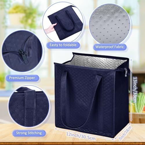 10 Pack 10 Pack Large Insulated Grocery Bag Zippered, Navy Blue - Image 2