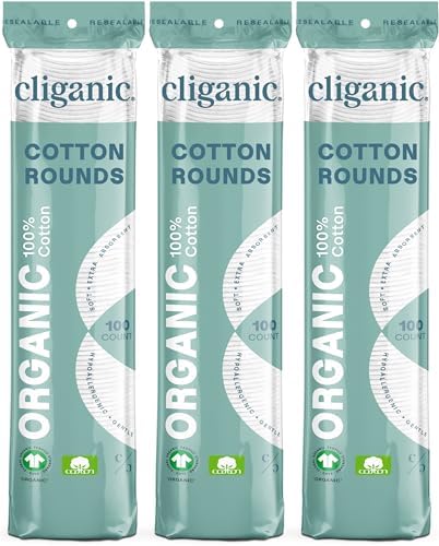 Cliganic Organic Cotton Rounds (300 Count) Makeup Remover Pads, Hypoallergenic, Lint-Free | 100% Pure Cotton by Cliganic