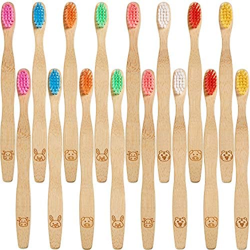 Boao 16 Pcs Kids Bamboo Toothbrush Soft Bristle Natural Toothbrush Wooden for Kids with Colorful Bristles and Ergonomic Animal Designs Handles by Boao