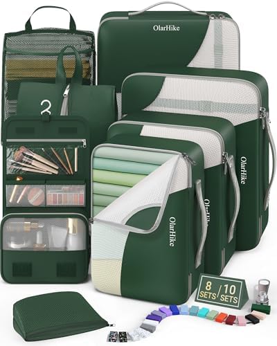 OlarHike Packing Cubes for Travel,Gifts for Women Mom,Anti-Tearing Suitcase Organizer for Luggage with Shoe & Hanging Toiletry Bag,Vacation Essentials & Accessories for Cruise Ship,8 Set,Dark Green by OlarHike