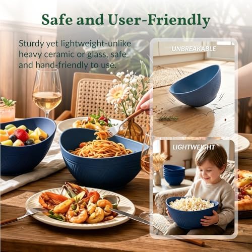 Homienly Wheat Straw Bowl Set of 6-60 OZ Large Salad Bowls,Microwave and Dishwasher Safe Bowl Set, Alternative for Plastic Bowls for Serving Soup,Popcorn Bowl for Kitchen - Blue - Image 6