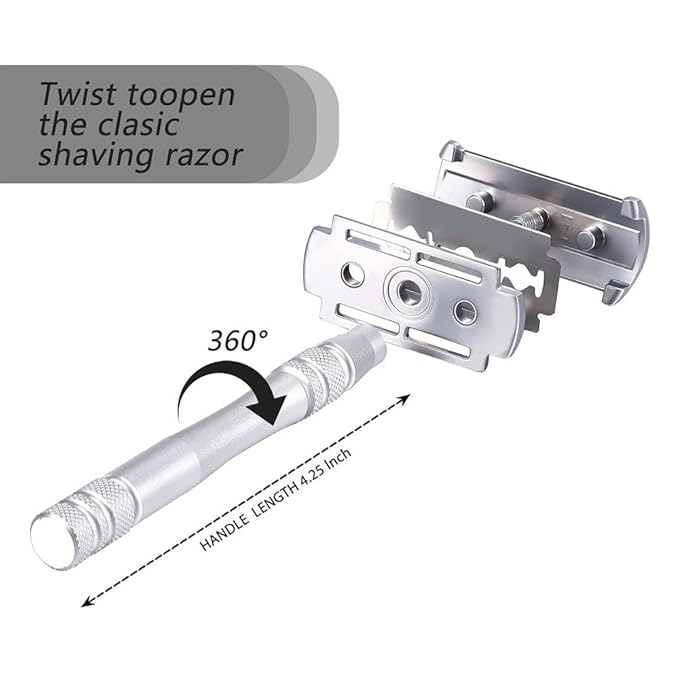 Men's and Women's Manual Razor Safety Razor with 10 Double Edge Blades, Double Edge Razor, Eco-Friendly, Smooth Close Shave, Plastic-Free, Easy to Carry for Traveling at Home (Silver + Base)