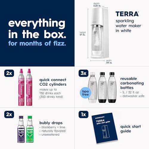 SodaStream TERRA Sparkling Water Maker, Value Bundle, CQC CO2 System, Includes 2 Quick Connect 60L CO2 Cylinders, 3 Dishwasher Safe BPA Free Bottles, 2 bubly Drops, Make your own Pepsi, White - Image 2