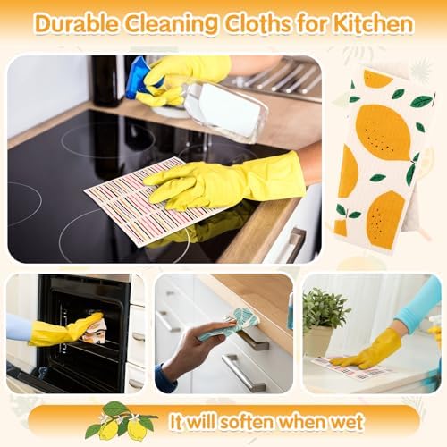 Lucomb 10 Pack Swedish Dishcloths Washable, Reusable Swedish Cloths Biodegradable Kitchen Towels with Hanging Clips, Cellulose Cotton Blend, Lemon Prints - Image 6