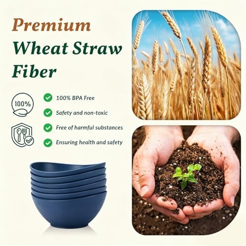 Homienly Wheat Straw Bowl Set of 6-60 OZ Large Salad Bowls,Microwave and Dishwasher Safe Bowl Set, Alternative for Plastic Bowls for Serving Soup,Popcorn Bowl for Kitchen - Blue - Image 3