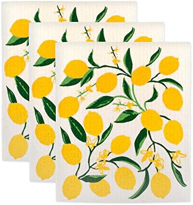 DII Swedish Dishcloths for Kitchen & Cleaning, Reusable, Machine Washable & Dishwasher Safe, Biodegradable, 7.75 x 6.75, Lemons, 3 Piece by DII