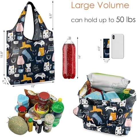 BeeGreen 6 Pack Cats Reusable Grocery Bags Gifts for Cat Lovers with Elastic Band Reusable Shopping Bags Bulk 50LBS X-Large Foldable-Machine Washable-Heavy Duty - Image 3