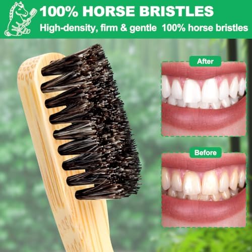Horse Bristle Toothbrush, Plastic Free Bamboo Toothbrushes, 6 Pack Natural Wooden Toothbrush, Non Toxic & Non Plastic, Wood Tooth Brush, Manual Organic Toothbrush for Adult, Women, Men - Image 2