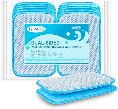 HOMEXCEL 12 Pack Scrub & Wipe Cloths, Scrub Sponges with Non-Scratch Wire Dishwashing Rag for Kitchen, All-Purpose Cloth for Dishes, Pots, Pans, Non-Stick Cookware, Countertops (Blue) by HOMEXCEL