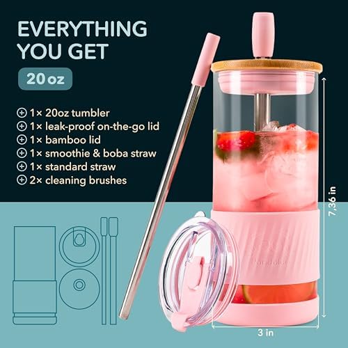 Pandaloo® Glass Cups With Lids and Straws -20 Fl Oz- Perfect Size Iced Coffee Cup - Smoothie Cup With Bamboo Lid and On the go Lid - Glass Tumbler With Straw (1 Count (Pack of 1), Tender Pink) - Image 2