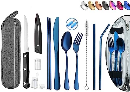Portable Reusable Travel Utensils Silverware With Case, Camping Cutlery Set, Chopsticks and Straw, Flatware With Case, Stainless Steel Top (Blue) by HOMMALY