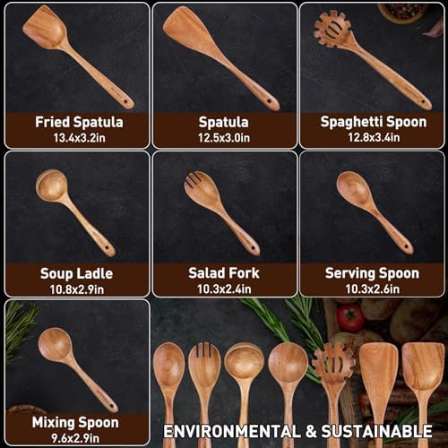 Wooden Spoons for Cooking,WOTTISH 7Pcs Wooden Cooking Utensils,Nonstick Wooden Spatula,Wooden Kitchen Utensils Set Non Toxic,Wooden Utensil Set(A07) - Image 3