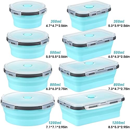 Mimorou 8 Pcs Collapsible Food Storage Containers Foldable Silicone Lunch Containers with Lids 4 Silicone Rectangle Collapsible Bowls and 4 Round Food Bowls Microwave Freezer Dishwasher Safe (Blue) - Image 2