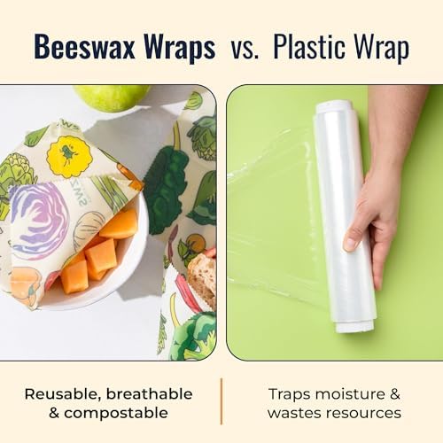 Beeswax Wraps, Reusable Cotton Food Storage Set for Kitchen, Lunch, Bread, Snacks, Bowls. Eco-Friendly Plastic-Free Alternative. 3-Pack Assorted - Veggies by Zero Waste Store - Image 5