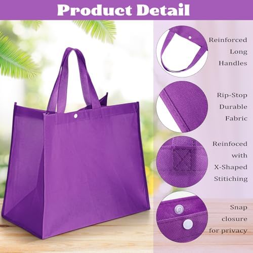 Zhehao 60 Pcs Reusable Grocery Shopping Bags Large Foldable Gift Tote Non Woven Fabric Bags with Handle and Plastic Button for Birthdays, Bridesmaids, Party Favors, 15 x 9.5 x 13 Inch (Purple) - Image 3