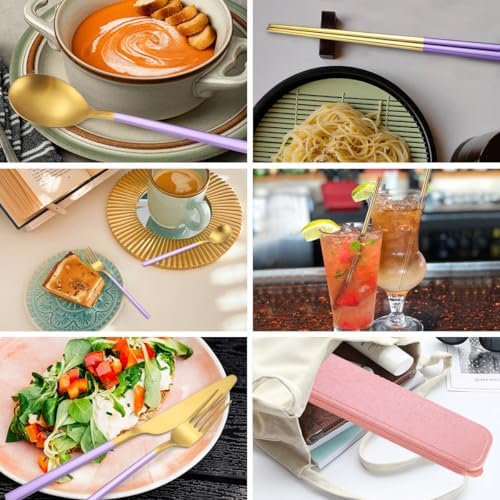 AARainbow 8 Pieces Stainless Steel Flatware Set Portable Reusable Cutlery Set Travel Utensils Set Including Chopsticks Knife Fork Spoon Straws Cleaning Brush Dishwasher Safe (B-Purple Golden) - Image 3