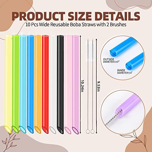 10Pcs Disposable Plastic Drinking Smoothie Straws,with 2 Brushe 10 Colors BPA FREE Food-Grade Jumbo Straws for Smoothies,Bubble Tea Milkshake - Image 2