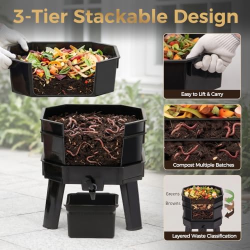 43.5L 3‑Layer Stackable Worm Farm Compost Bin, Easy‑Setup Complete Worm Composter Kit, Indoor Outdoor Use for Kitchen Food Waste & Organic Compost Production - Image 7