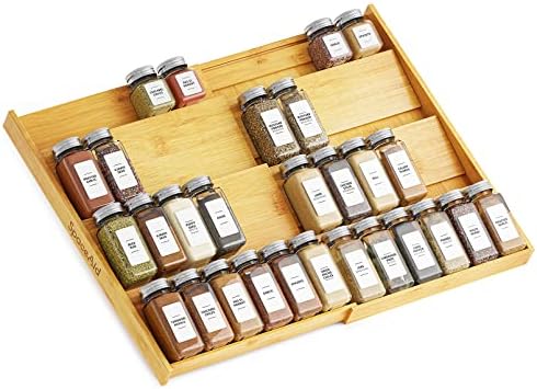 SpaceAid Bamboo Spice Drawer Organizer, (Need 3" Deep Drawer) Expandable 4 Tier Spices Rack for Cabinet, Kitchen Seasoning Storage Insert (Jars Not Included, From 12" to 23" Wide) by SpaceAid