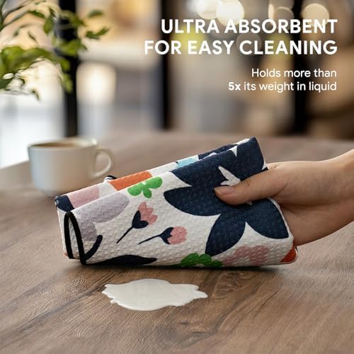 RECYCO Waffle Kitchen Towel Set of 2 - Quick Dry Microfiber Sustainable Dish Towels - Ultra Absorbent Reusable Cleaning Tea Towels - Lightweight Hand Towels,16”x 28”, Whimsy Petals - Image 4