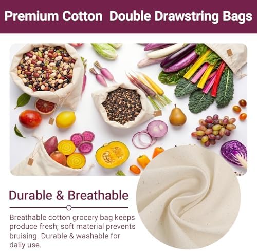 Set of 8 Ambrosia Cotton Produce Bags Drawstring Muslin - Image 2