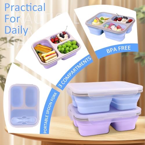 Large Collapsible Silicone Bento Lunch Box, 2 Pack with 3 Compartments Each,45.6oz Food Storage Containers with Spoons Forks, Portable for Work, Picnic, Travel, BPA Free（Blue+ Purple） - Image 2