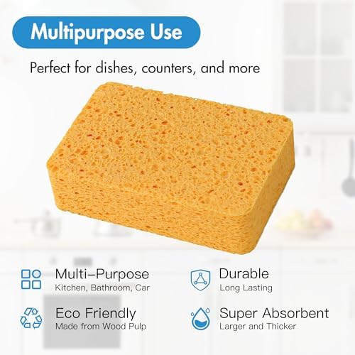 Kitchen Sponges – 4 Pack Large Cellulose Dish Washing Sponges, Natural Wood Pulp, Heavy-Duty Non-Scratch Cleaning for Kitchen, Bathroom, Countertops, Car Wash, 5.4x3.5x1.3 inch - Image 4