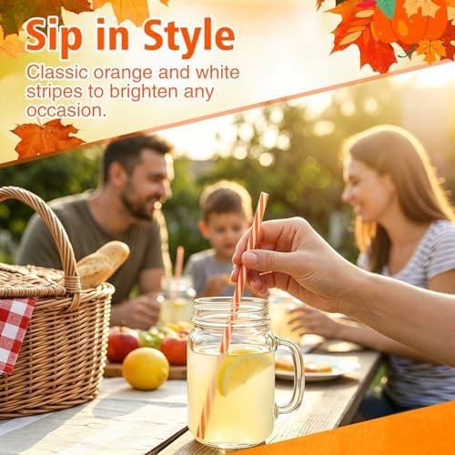 JANYUN 30 Pcs Reusable Orange and White Striped Straws with Cleaning Brush - Image 4