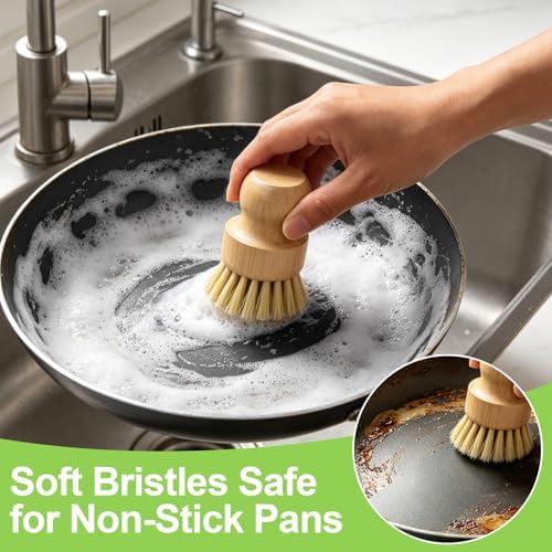 Bamboo Dish Brush Set with Holder, 2 Sisal & 1 Palm Scrub Brush - Image 6