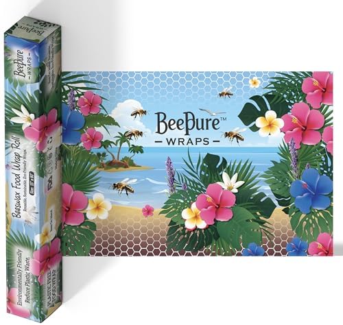 Reusable Beeswax Food Wrap Roll - Cut-to-Size 15 x 80 in, Eco-Friendly Food Storage Wrap, Tropical Island Design by Unknown