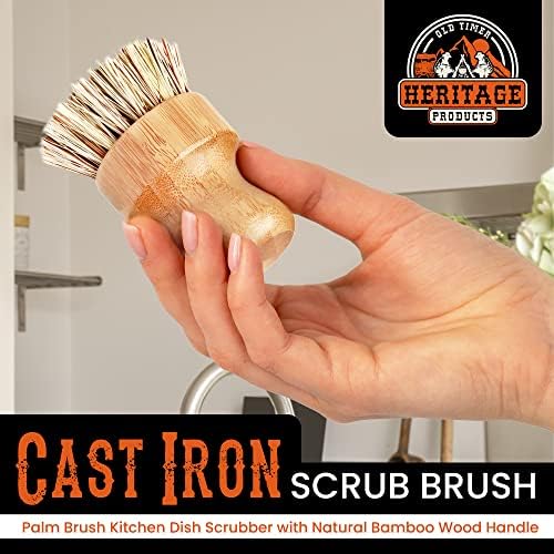 Heritage Products Cast Iron Scrub Brush, Palm Brush Kitchen Dish Scrubber with Natural Bamboo Wood Handle and Densely Packed Nylon Bristles Protects Nonstick Cast Iron Seasoning During Dishwashing - Image 3