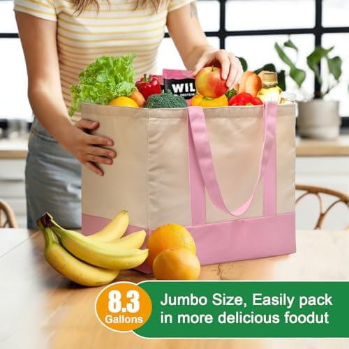 3-Pack Heavy Duty Canvas Reusable Grocery Bags, 8.3 Gal Foldable Large Tote with Handles, Washable Eco-friendly Bags with 5 Pockets, (Pink/Beige) - Image 3