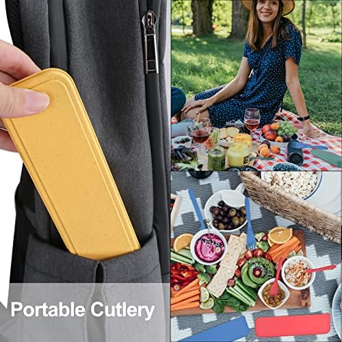 Reusable Travel Utensils Set with Case, 4 Sets Wheat Straw Portable Plastic Fork Spoons Knife Camping Cutlery, Eco-Friendly BPA Free Lunch Tableware Travel Picnic Silverware for Kids Adults Daily Use - Image 5