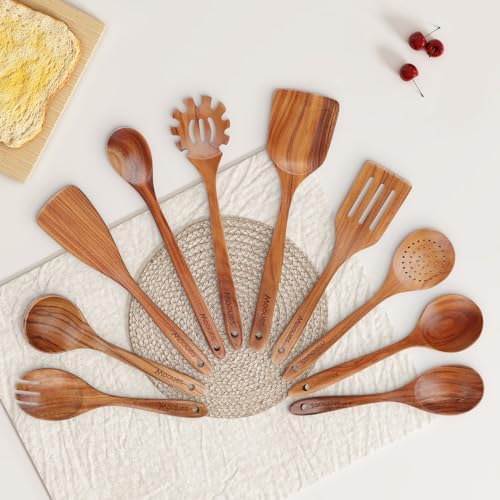 Mooues Wooden Spoons for Cooking, Wooden Utensils for Cooking Natural Teak Wooden Kitchen Utensils Set Comfort Grip (10 PCS SET) - Image 6