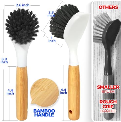Holikme 3 Pack Dish Brush with Bamboo Handle Cleaning Brush,Black - Image 6