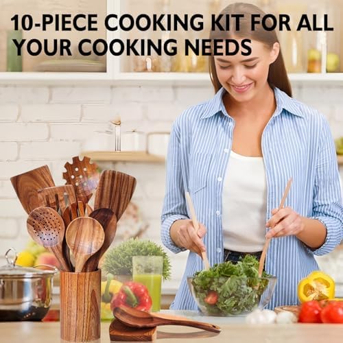 Wooden Spoons for Cooking 10 Pieces Set, Kitchen Utensils Spatula, Wooden Cooking Utensils Spoons, with Spoon Rest, Strainer Spoon, Pasta server, Fried Spatula and Salad Fork, Utensil Holder - Image 5