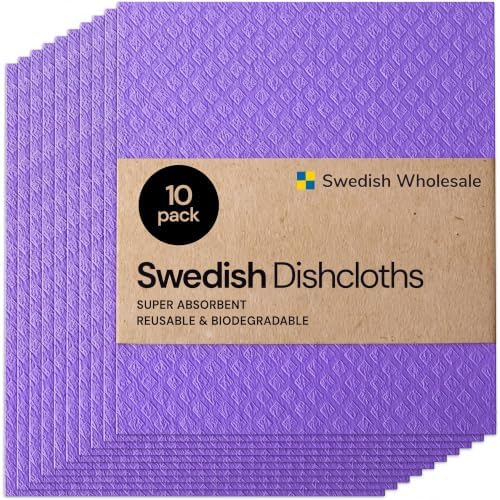 Swedish Wholesale Dishcloths Reusable 8" x 7" Sponge Cloths, Bulk 10 Pack of High Absorbent Cellulose Dish & Kitchen Cleaning Hand Towels, Wring to Dry & Machine Wash, Odor Resistant, Purple by SwedishWholesale