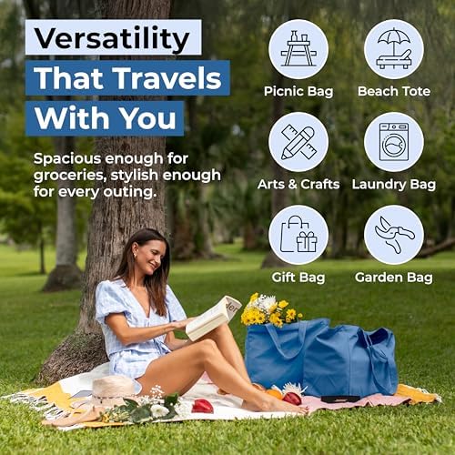 VeraMia Canvas Grocery Bag 3pc XL Set with Real Pockets, Long Shoulder Strap and Short Handle. Heavy Duty, Foldable, Washable - Image 5