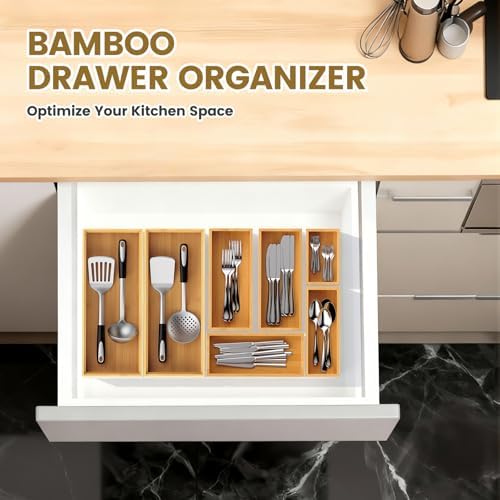 Bamboo Drawer Organizer, Stackable Utensil Trays for Kitchen, Wood Silverware Organizer for Drawer, Set of 2-15"x6"x2" - Image 6