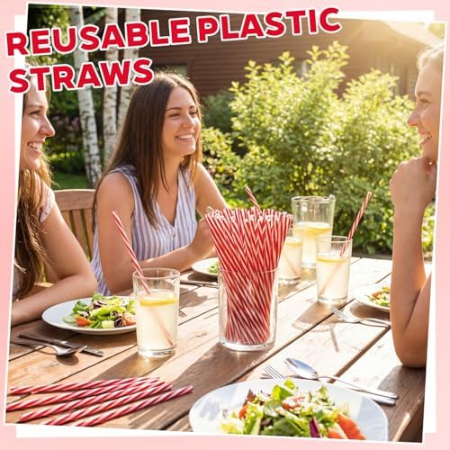Honeydak 100 Pcs Reusable Plastic Straws Bulk,Red and White Stripe - Image 4