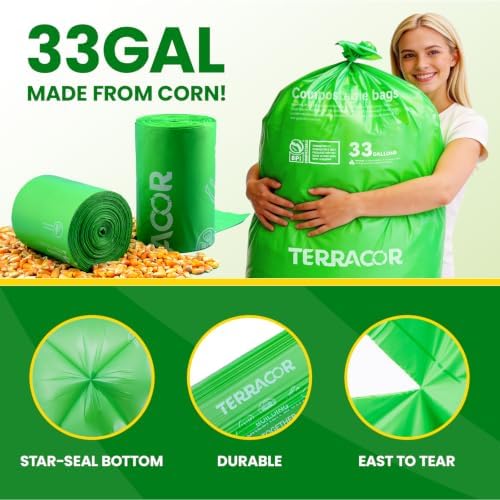 30-33 Gallon Compostable Trash Bags Liners Flat-Top, Heavy Duty Extra Thick 1.28 Mil, 124.92 Liter, 30 Bags, Lawn, Yard, and Restaurant Use, ASTM D6400, US BPI Certified - Image 3