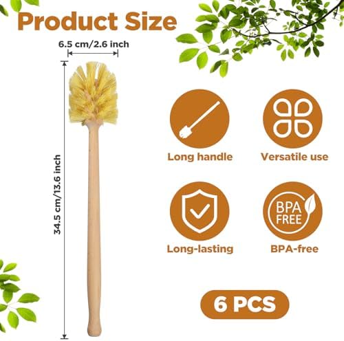 6 Pcs Natural Wooden Bottle Brush with Sisal Bristles, Long Beechwood Handle Bottle Brush Cleaner for Cleaning Bottles, Wide Mouth Mugs, Jars, Glasses, Dishes, Vases, Pitchers, 13.6 x 2.6 Inches - Image 2