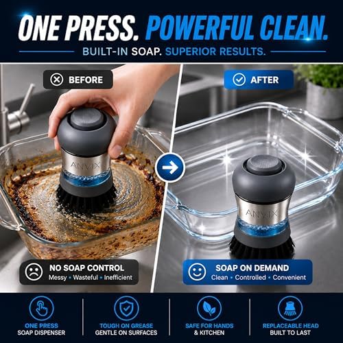 Soap Dispensing Palm Brush 2 Pack, Dish Scrubber with Built in Soap Dispenser, Stainless Steel Body, Replaceable Brush Head, Non Scratch Nylon Bristles for Dishes, Pots, Pans, Nonstick Cookware - Image 2