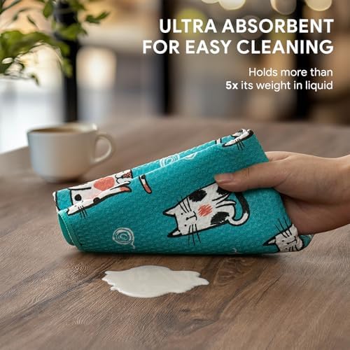 RECYCO Waffle Kitchen Towel Set of 2 - Quick Dry Microfiber Sustainable Dish Towels - Ultra Absorbent Reusable Cleaning Tea Towels - Lightweight Hand Towels,16”x 28”, Cuddly Cats - Image 4