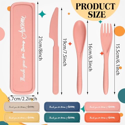24 Pack Reusable Travel Utensils Set Case Thank You for Being Awesome Appreciation Gifts Bulk for Employee Coworker Student Portable Lunch Utensils Wheat Straw Fork Spoon Knife for Picnic(Light Color) - Image 2