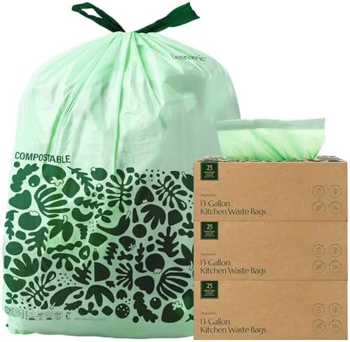 Cleanomic Compostable* 13 Gallon Waste Bags with Drawstring (3 Pack, 75 Count), BPI Certified For Kitchen Compost by Cleanomic